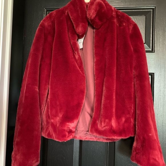 JCrew Red Faux Fur Jacket Womens L/Fits Smaller - Picture 2 of 8